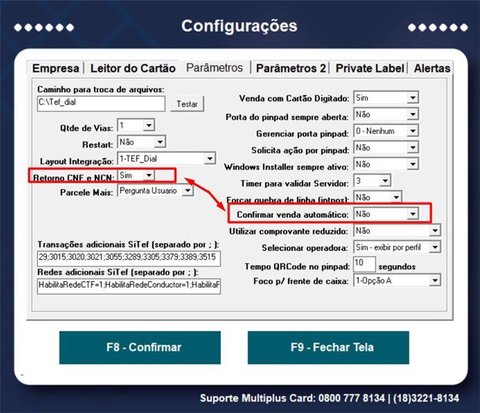 Janela de configurações do ClientTEF - aba Parâmetros